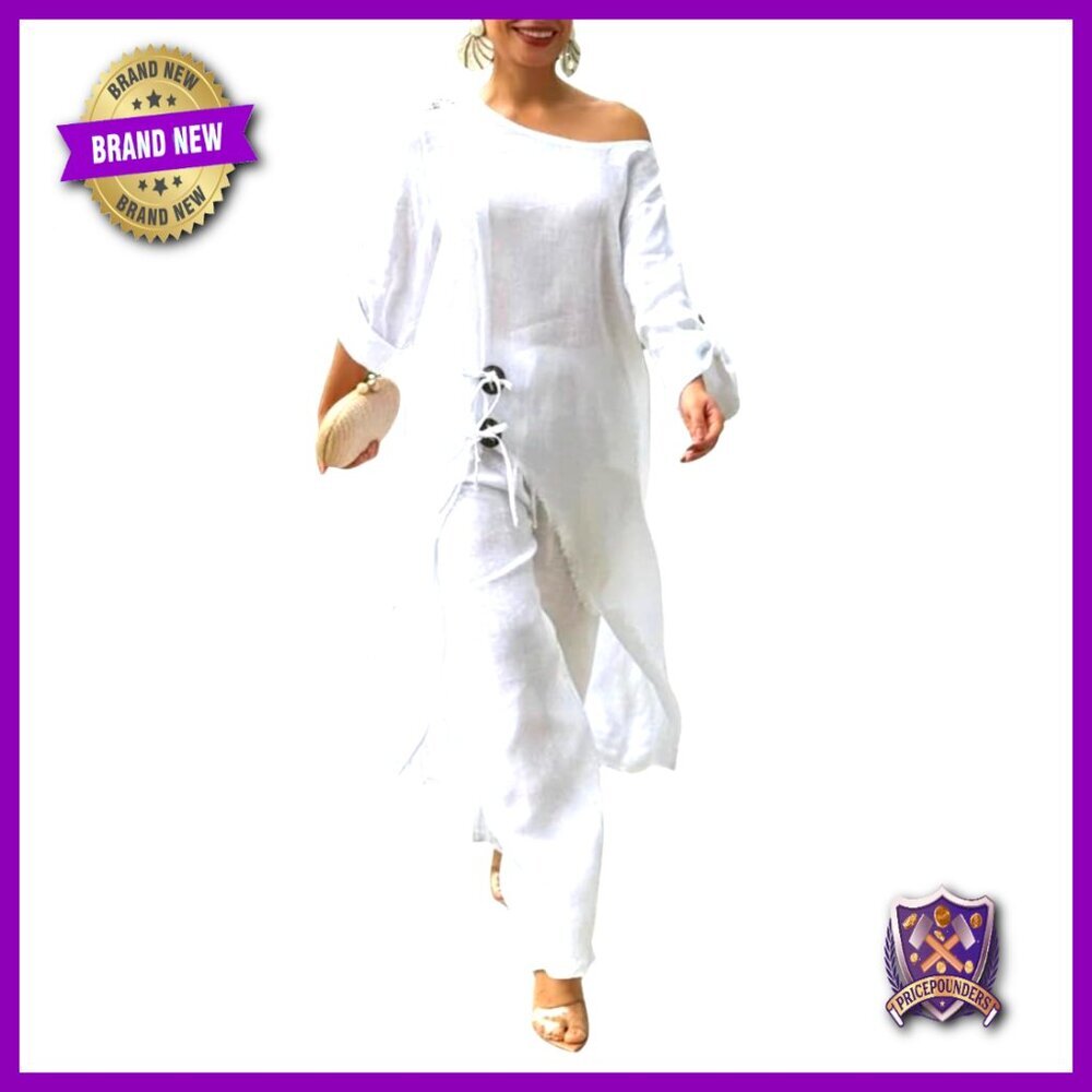 Linen Lounge Set Cold Shoulder Top Wide Leg Pants Matching Outfit Chic Comfort